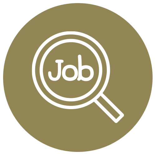Weiße Lupe mit dem Wort Job in der Mitte auf goldenem Kreis. Symbol für Stellensuche.