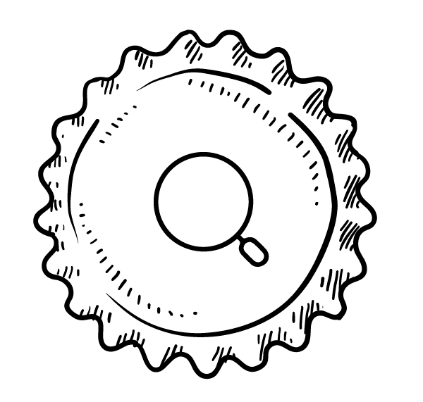 Kronkorken-Illustration mit stilisierter Lupe in der Mitte als Symbol für vielfältige Einblicke.