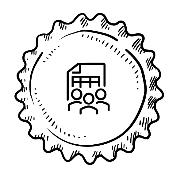 Kronkorken-Illustration mit drei stilisierten Personen vor Dokument in der Mitte als Symbol für Projektarbeit.