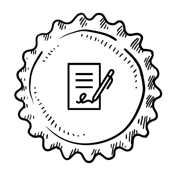 Kronkorken-Illustration mit stilisiertem Blatt Papier mit Textzeilen und Stift in der Mitte als Symbol für Übernahmegarantie.