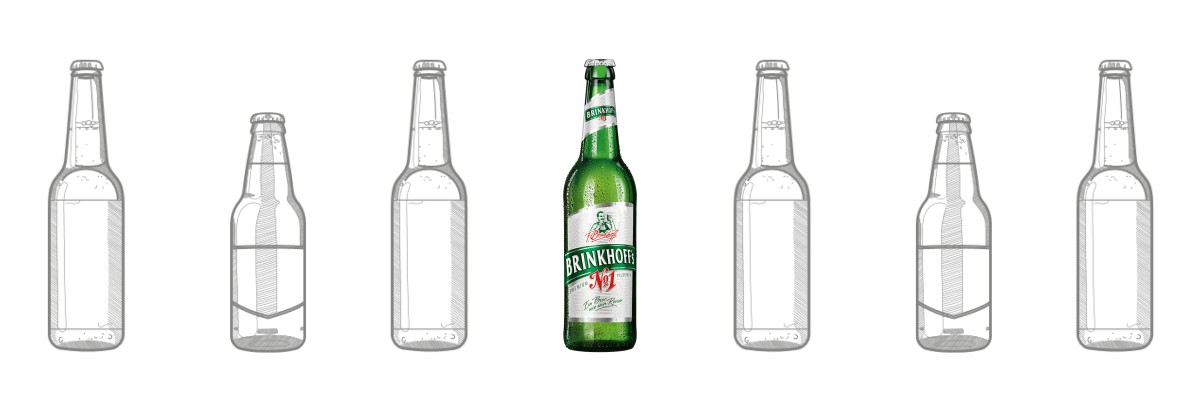 Eine grüne Glasflasche ist eingefärbt und umgeben von sechs skizzierten Flaschen.