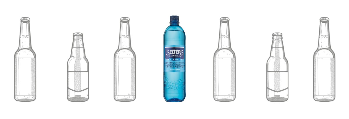 Fünf skizzierte und eine farbige Wasserflasche sind nebeneinander angeordnet.