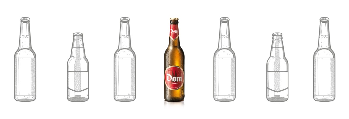 Fünf skizzierte und eine gefärbte Bierflasche sind nebeneinander dargestellt.