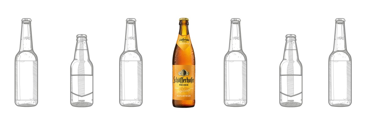 Sechs Bierflaschen sind nebeneinander dargestellt, eine ist farbig und gefüllt.
