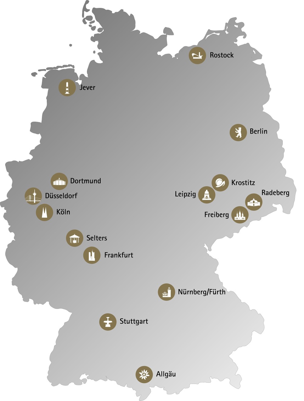 Graue Karte von Deutschland zeigt Standorte mit symbolischen Markierungen.