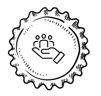 Strichgrafik eines Kronkorkens, mit gezacktem Rand. In der Mitte befindet sich eine Zeichnung einer Personengruppe die von einer Hand angehoben wird.