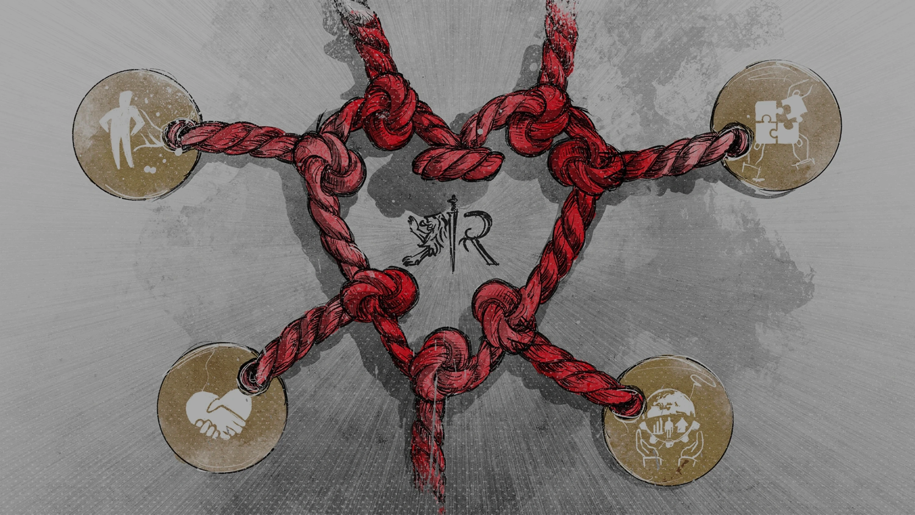 Ein rotes Seil in Herzform verknotet, verbindet vier Symbole und umschließt mittig das Logo der Radeberger Gruppe.